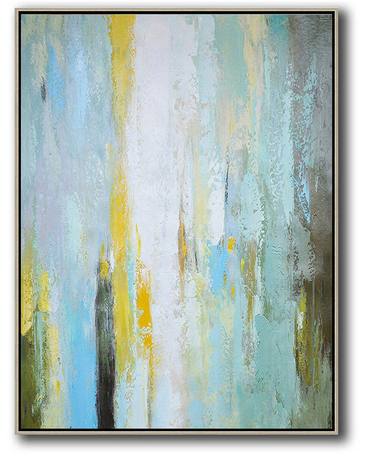 Large Abstract Painting On Canvas,Vertical Palette Knife Contemporary Art,Modern Art Abstract Painting Blue,White,Yellow,